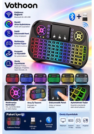 Zk-08 Rgb Işıklı Mini Kablosuz Klavye Touchpad Bluetooth Ve 2.4g Smart Tv Kumandası