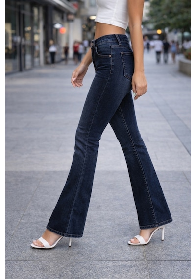 Cedy Denım Yüksek Kalite Kadın 5 Cep Düşük Bel İspanyol Paça Skinnyfit Esnek Jean Pantolon C619 Lacivert