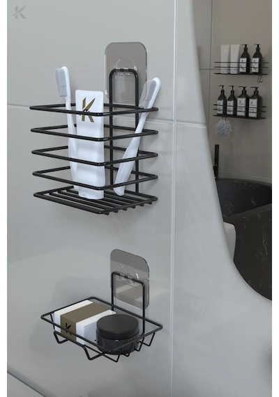 Siyah Paslanmaz Metal Banyo Duvar Organizeri - Yapışkanlı Diş Fırçalık Ve Sabunluk Seti Siyah