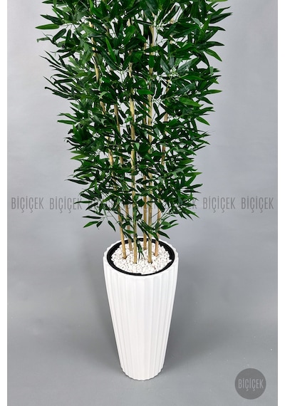 Yapay Bambu Ağacı 6 Dallı Yoğun Yapraklı 220 Cm Beyaz Lilyum Saksıda