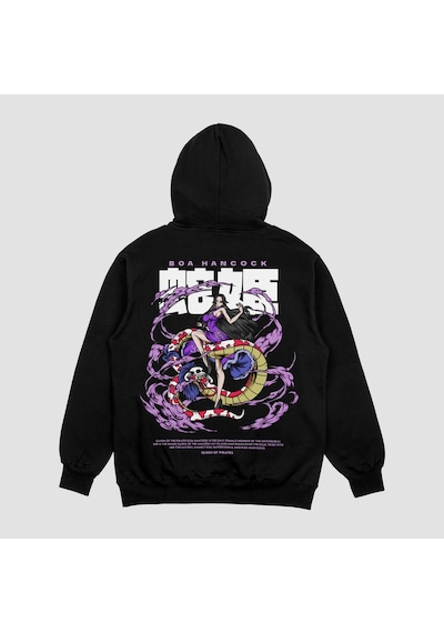 Unisex Siyah Boa Baskılı Hoodie Oversize Kapşonlu Sweatshirt Siyah