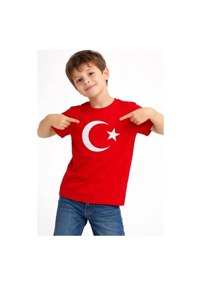 Erkek Çocuk Tişört Bisiklet Yaka Ay Yıldız Bayrak Baskılı T-shirt - Kırmızı Kirmizi