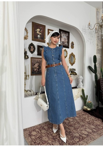 Mayrem Kadın Vintage Stil Kuşaklı Kot Elbise Lacivert