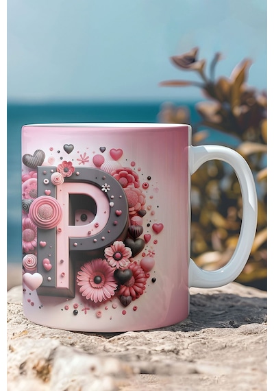 Renkli Çiçekli P Harfi Baskılı 3d Görünümlü Tasarım Mug Kupa Bardak Şeffaf