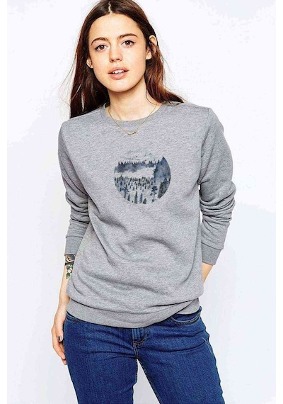 Watercolor Forest Baskılı Gri Kadın Sweatshirt