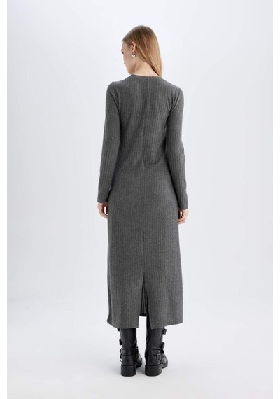 Defacto Bodycon Vücudu Saran Bisiklet Yaka Basic Düz Kaşkorse Uzun Kollu Maxi Elbise D3373AX24WNAR104 Antrasit
