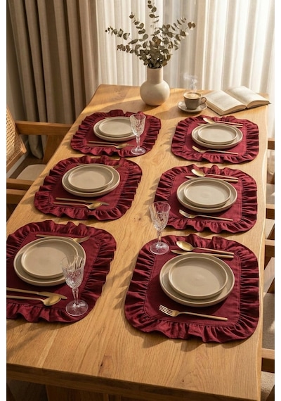 Pamuklu Fırfırlı Kare Supla 6'lı Set Amerikan Servis 33 Cm Supla Bordo