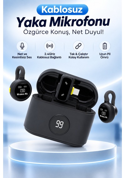 J77 Kablosuz Yaka Mikrofonu 2'li Şarj Kutulu Aı Gürültü Önleyici Type-c Alıcılı Vlog Röportaj Canlı Yayın Mikrofonu