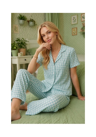 Fit Women Kare Desenli Bürümçük Kumaş Kısa Kollu Pijama Takımı 6065 Su Yeşili