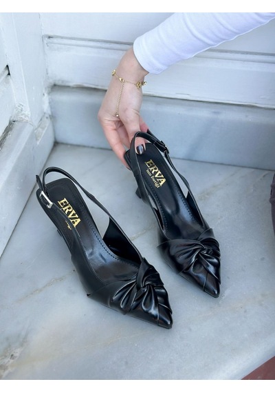 Ervanın Butiği Siyah Kırışık Deri Bow Fiyonk Detay Kadın Stiletto-6093