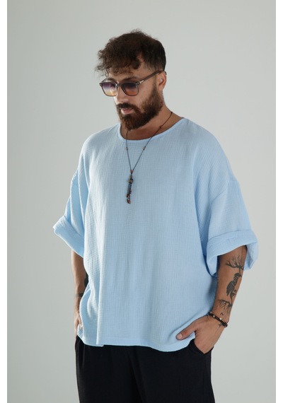 Cocopelli Mavi Müslin Kumaş Oversize Fakir Kol T-shirt Coc1101 Mavi