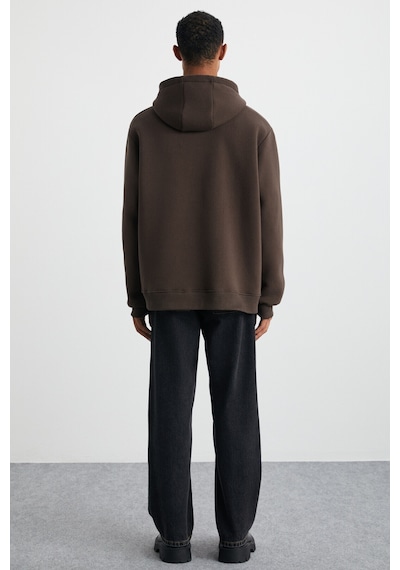 Grımelange CARTMEL Erkek Örme 3 İplik Relaxed Fit Rahat Kalıp Kanguru Cepli Kapüşonlu Kahverengi Sweatshirt