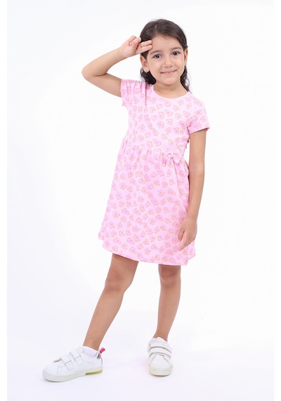 Toontoy Kız Çocuk Bel Kurdela Detaylı Komple Baskılı Elbise Açık Pembe