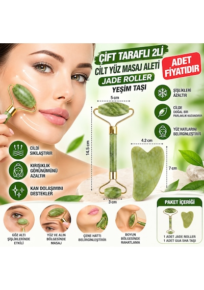 Çift Taraflı 2li Cilt Yüz Masaj Aleti Jade Roller Yeşim Taşı Seti Adet Fiyatıdır