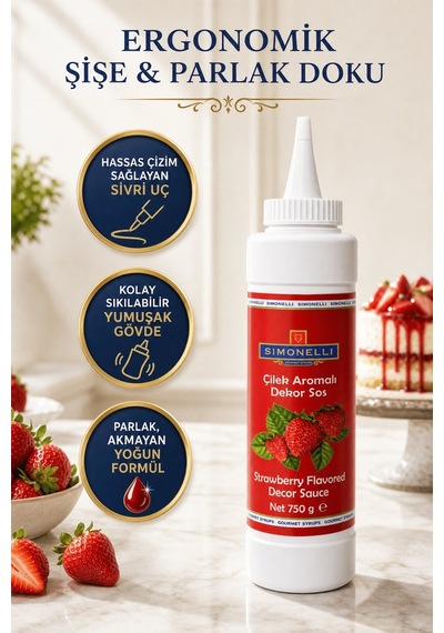 Simonelli Çilek Aromalı Kahve ve Tatlı Dekor Sosu Sıkılabilir Şişe 750 G