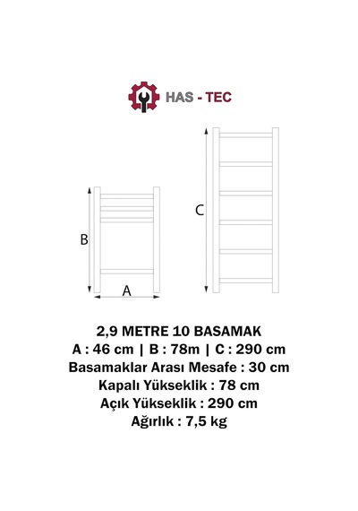 2,9 Metre 10 Basamaklı Düz Uzayan Alüminyum Teleskopik Merdiven 2,9 M Belirtilmemiş