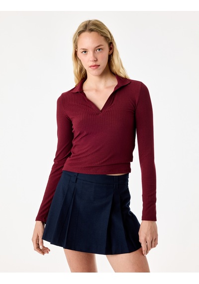 Koton Kaşkorse Uzun Kollu Slim Fit Polo Yaka Tişört Bordo 7wal10329ık