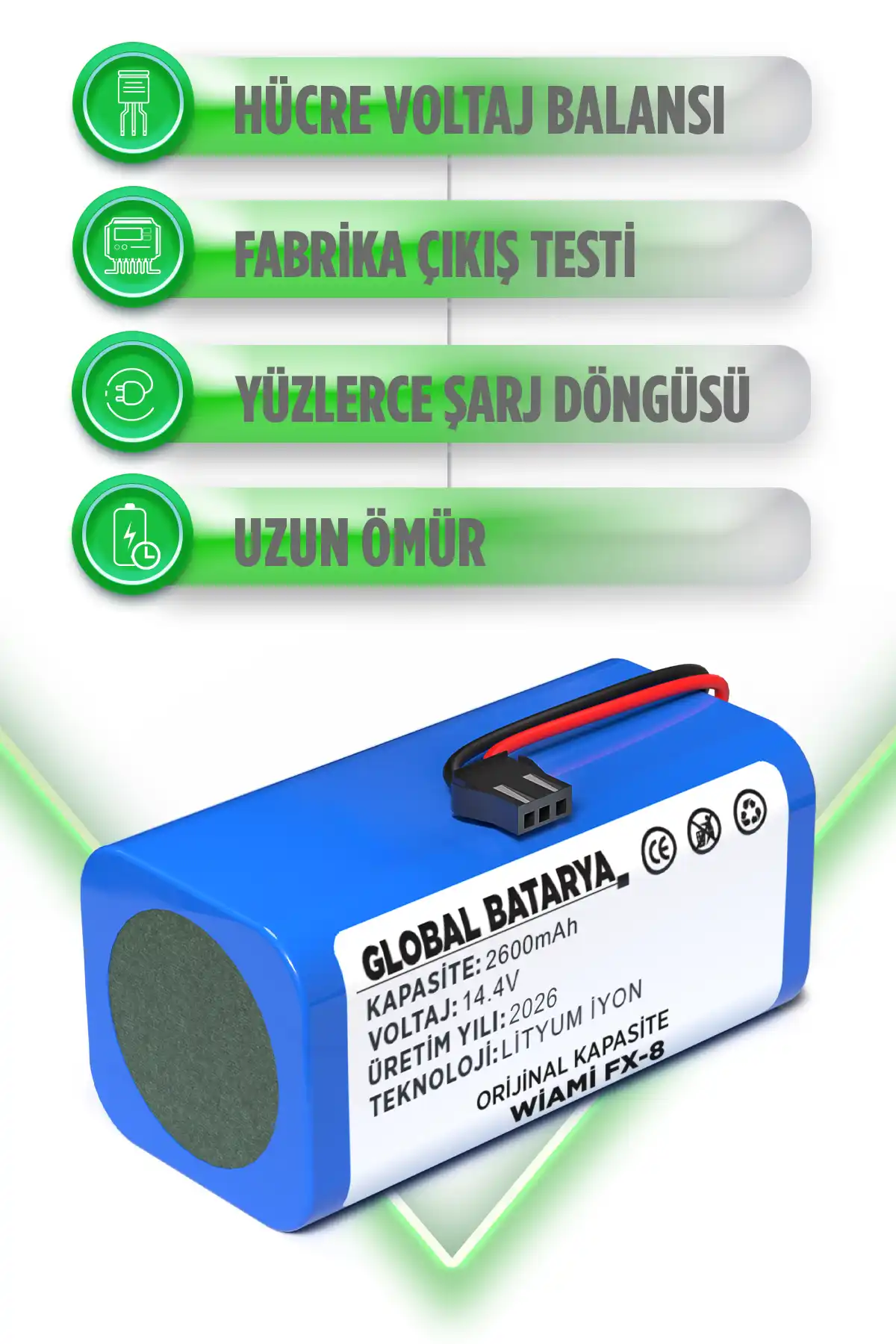 Wiami Fx-8 Uyumlu Akıllı Robot Süpürge Bataryası 14.4v 2600mah Li-ion Pil  Kapasite