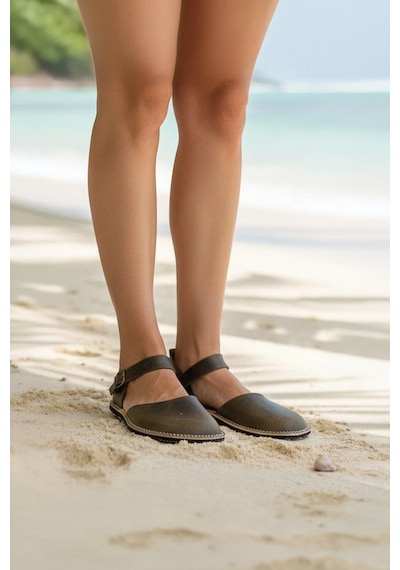 Bodhi Handcraft Kadın Barefoot Hakiki Deri Minimalist Günlük Sandalet El İmalatı Haki