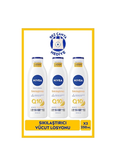 Q10 7 Günde Sıkılaştırıcı Vücut Losyonu 250ml, C Vitamini, Nemlendirici, Bez Çanta Hediye, X3 Adet