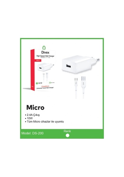 Divex Micro Usb Kablo - Adaptör 2.4a Ev Tipi Şarj Aleti Ds-200