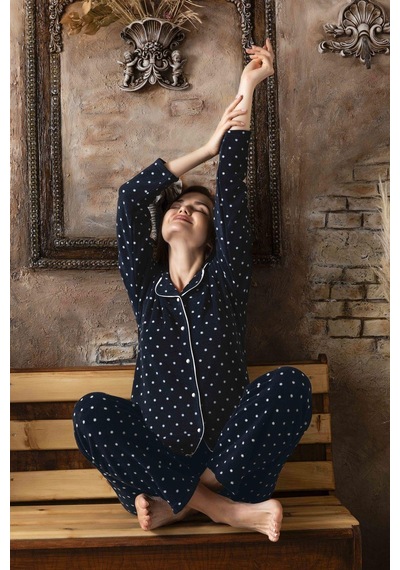 Sude Kadın Gömlek Önden Düğmeli Polar Desenli Pijama Takımı P200/124 - 1 Adet 001