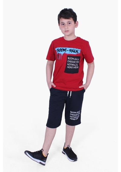 Fyk Kids Boom Sklk Yazı Baskılı Erkek Çocuk Alt-üst Kapri Takım Kırmızı