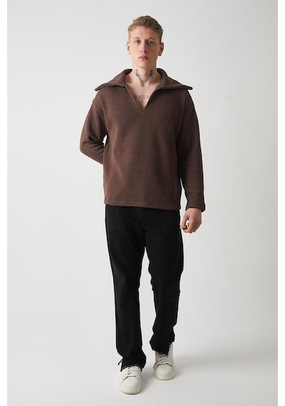 R-5850 Yaka Detaylı Örme Sweat Kahverengi