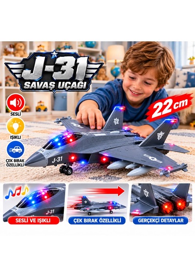 Oyuncak Uçak Fighter Power J31 Gri Renkli Sesli-ışıklı Metal Gövde Çek-bırak Askeri 21 Cm