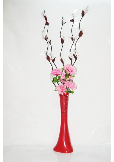 60 Cm Kırmızı Desenli Vazo 5 Adet Beyaz Üzüm ve Pembe Çiçekler