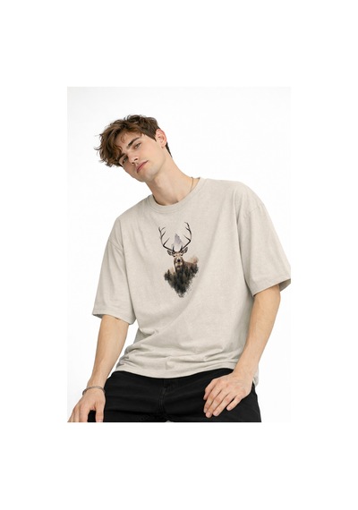 Misa Tahtakale Deer - Oversize Erkek Tişört Bej Çok Renkli