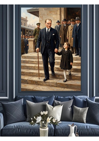 Merdivenlerde El Ele Atatürk Ve Kız Çocuğu Dekoratif Kanvas - Mdf Ahşap Tablo Çok Renkli