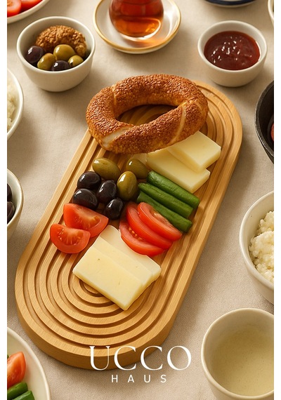 Doğal Bambu Sunumluk - 40x16x1,5cm Kahve, Tatlı & Peynir Sunumluk Oval Oluklu Servis Tabağı