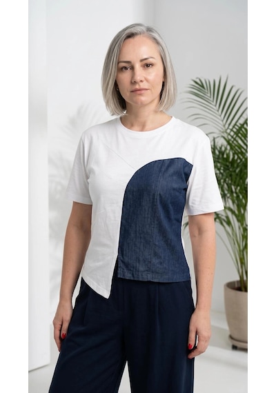 Byemelika Denim Garnili Tasarım T-shırt Çok Renkli
