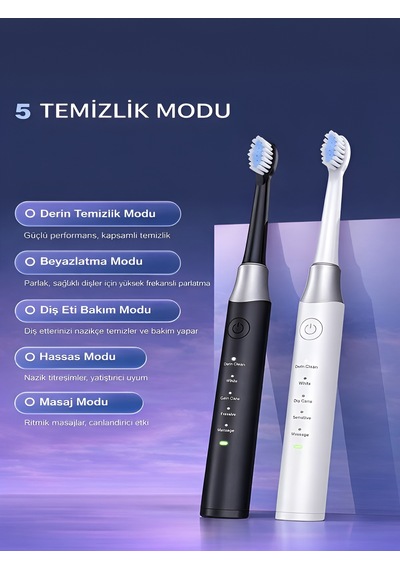 Deanb 500mah Titreşimli Elektrikli Diş Fırçası 5 Modlu 4 Yedek Başlık Beyaz