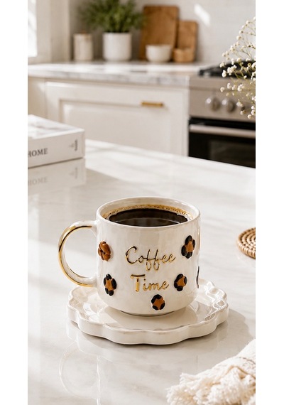 Coffee Time El Yapımı Seramik Kupa 24k Altın Detaylı Çok Renkli