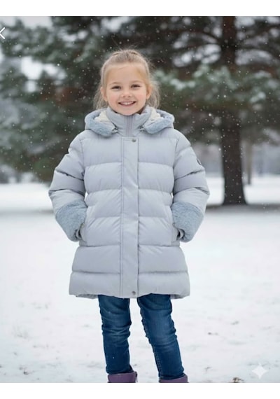 Boutiguestyles Kız Çocuk Şişme Mont Kürklü Gri Sedefli Işıltılı Çıkarılabilir Kapüşonlu Fermuarlı Gri mavi