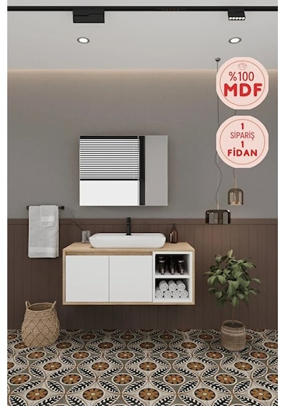 Lale Beyaz 100 Cm %100 Mdf Lavabolu Banyo Dolabı + Aynalı Dolap Beyaz Meşe Lale Beyaz 100 Cm %100 Mdf Lavabolu Banyo Dolabı + Aynalı Dolap Beyaz Meşe