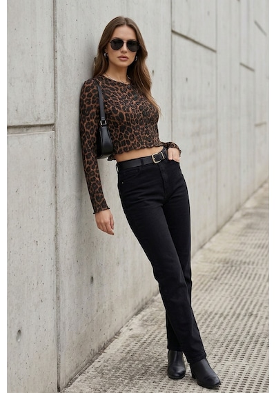 Kadın Leopar Desenli Crop Bluz Düğmeli Uzun Kollu Fit Yumuşak Dokulu Bluz - Kadın Bluz Leopar