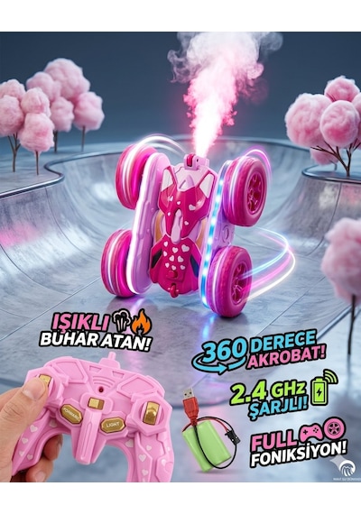 Uzaktan Kumandalı Pembe Renk Full Fonksiyon 2.4 Ghz Şarjlı Işıklı Buhar Atan 360 Derece Dönebi