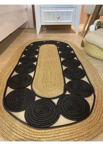 Mavaux Cookie Jüt Hasırlı El Örgüsü Kilim Siyah - Hasır