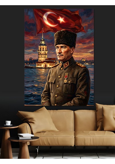Türk Bayrağı Ve Üniformalı Atatürk Dekoratif Kanvas - Mdf Ahşap Tablo