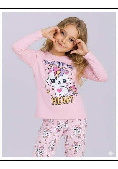 Kız Çocuk Uzun Kollu %100 Pamuklu Pijama Takımı Unicat Pembe