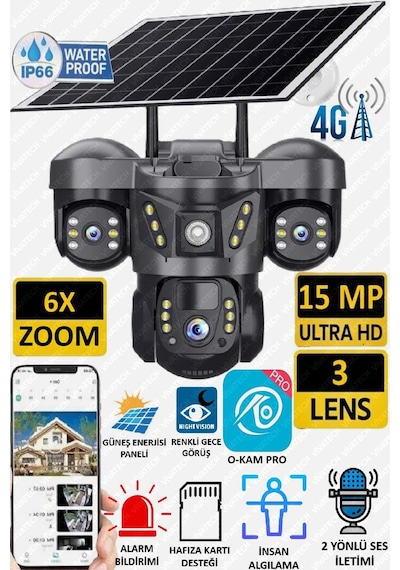 Harvox Solar Güneş Enerjili İnsan Takibi 15mp 3 Lens 4g Akıllı Kamera Sirenli