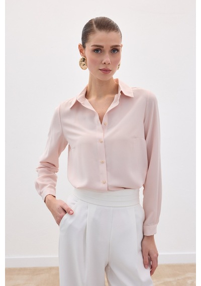 Sateen Düz Klasik Gömlek - Pudra-136120 Pudra