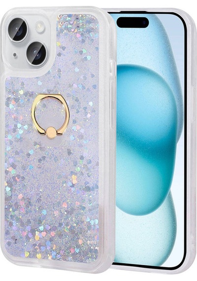 Apple İphone 15 Uyumlu Akışkan Simli Sıvılı Yüzüklü Parlayan Tasarımlı Kılıf