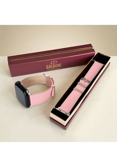 Goldoni Apple Watch Uyumlu Pembe İnce Gerçek Deri Kordonu Metal Köprülü