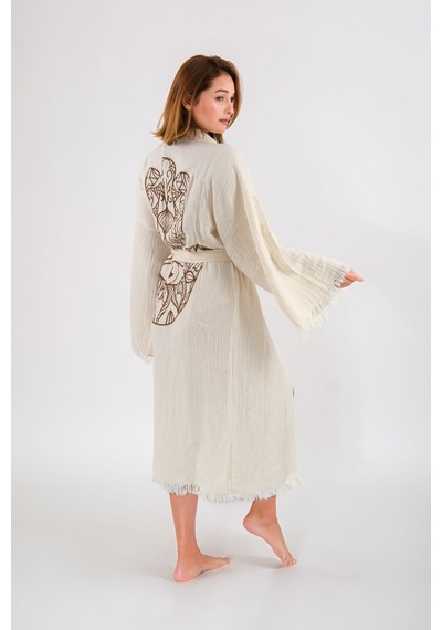 Befera Müslin Kimono Pamuklu Fatma Ana Eli Baskılı Desenli Bornoz Kaftan Sabahlık Ekru