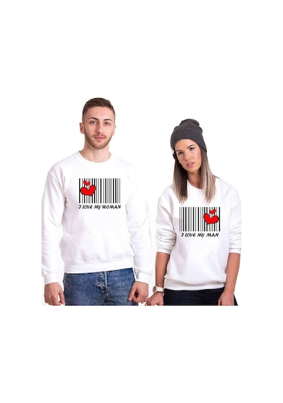 Tshirthane Aşkımızın Barkodu Sevgili Kombinleri Unisex Sweatshirt Kırık Beyaz
