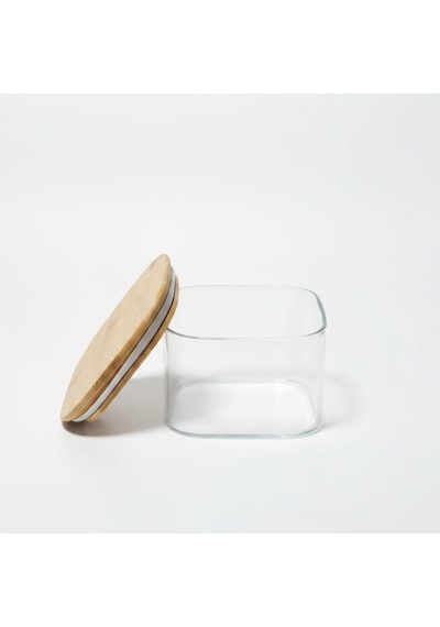 400 Ml Bambu Kapaklı Kare Cam Saklama Kabı - Dikey Çizgili Rölyef Desenli Vakumlu Kahvaltılık Ve Erzak Kabı 10x10x6 Cm Çok Renkli
